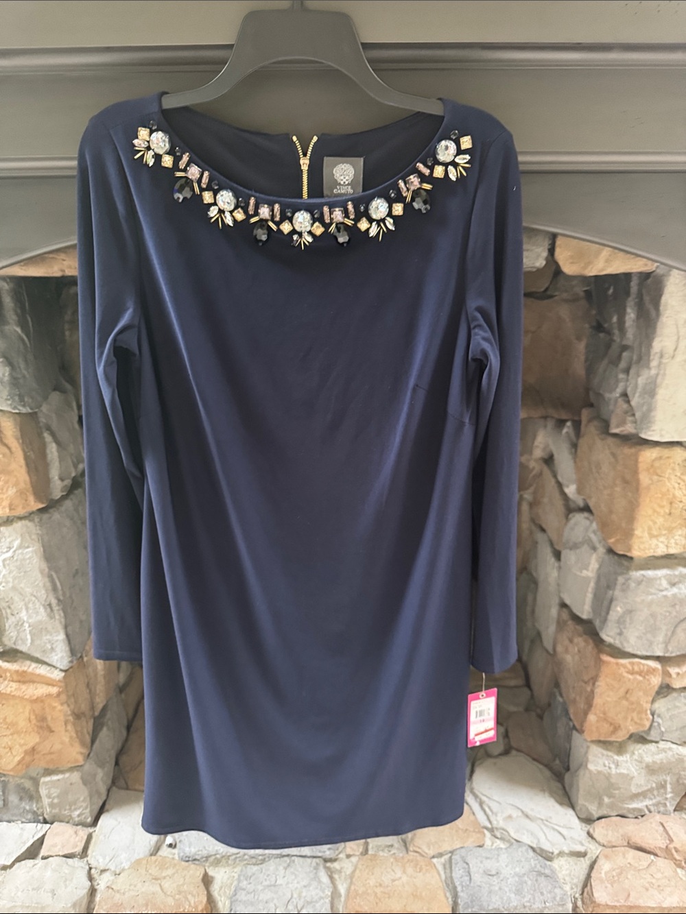 Vince Camuto Navy Long-Sleeve Jewel-Embellished Top